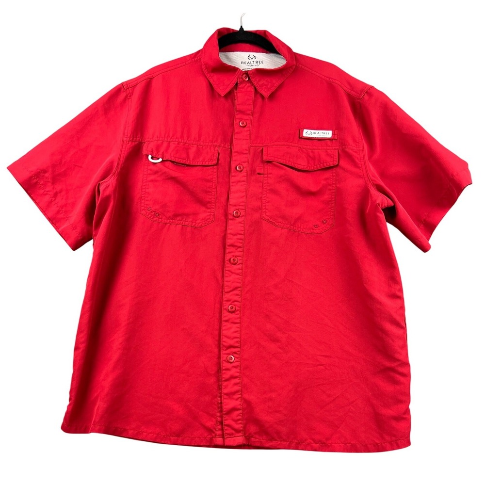 Realtree Fishing Shirt Mens XL Red Good Short Sleeve Vented Button Down TS1540